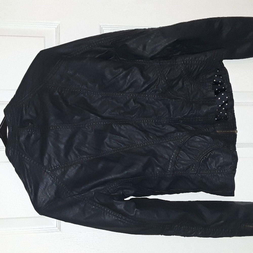 Faux Leather dark Navy Moto Jacket Bought in Italy - Quality! Vegan Gold zip S - Picture 14 of 15